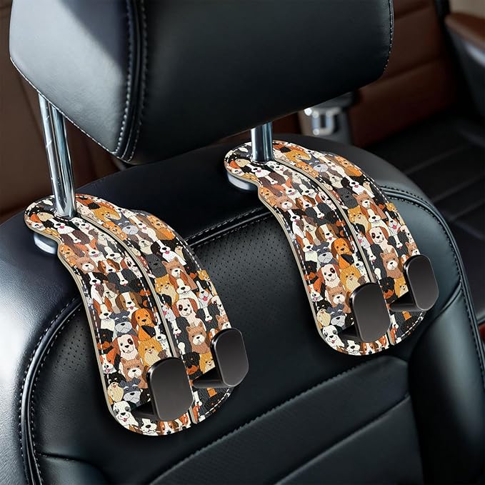 Blusabaca 2PCS Car Seat Back Storage Headrest Hooks, Cute Dogs Puppy Purse Holder Bags Hanger, PU Leather Double Metal Hook for Backseat Organizer, Women Car Accessories Organization