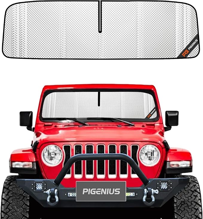 Pigenius Windshield Sun Shade for Jeep Wrangler 2018-2025; Jeep Gladiator 2020-2025. Full Coverage Rearview Mirror Shade for Ultimate Protection