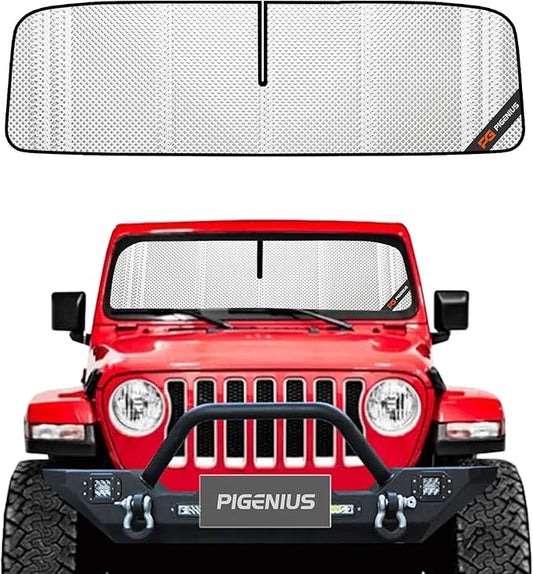 Pigenius Windshield Sun Shade for Jeep Wrangler 2018-2025; Jeep Gladiator 2020-2025. Full Coverage Rearview Mirror Shade for Ultimate Protection
