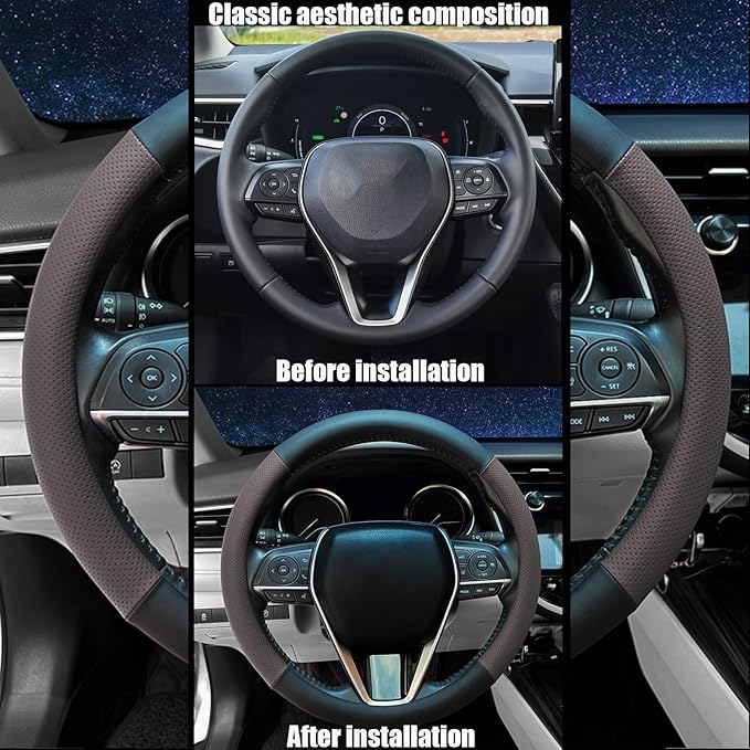 Steering Wheel Cover Standard Size 14.5-15 inch, Non-Slip Car Wheel Cover Protector, Breathable Microfiber Leather, Black and Chocolate Brown