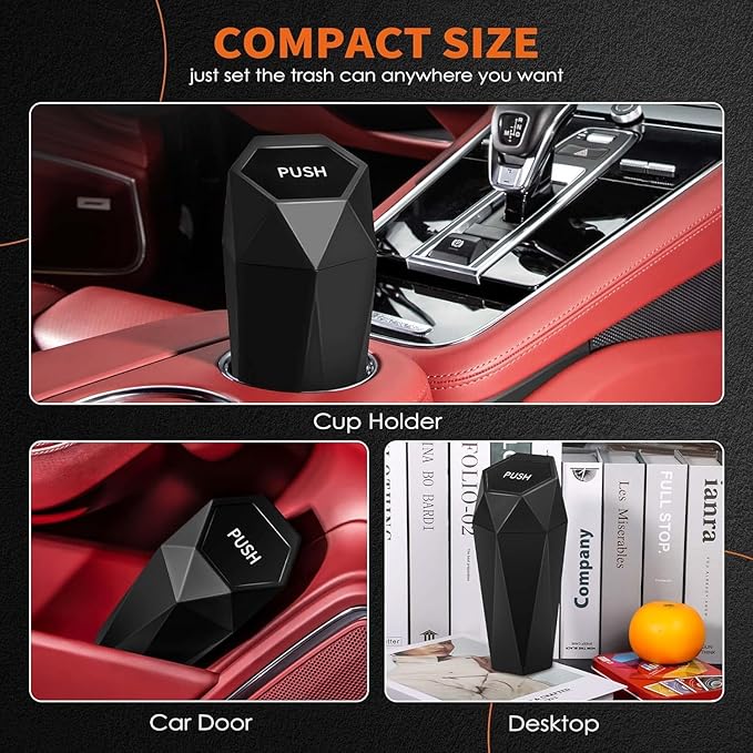 HOTOR Car Trash Can with Lid - 2 Pack, Car Accessories for Interior, Leakproof Vehicle Garbage Can with 30 Attached Trash Bags, Multipurpose Organizers and Storage for Home, Office, Black