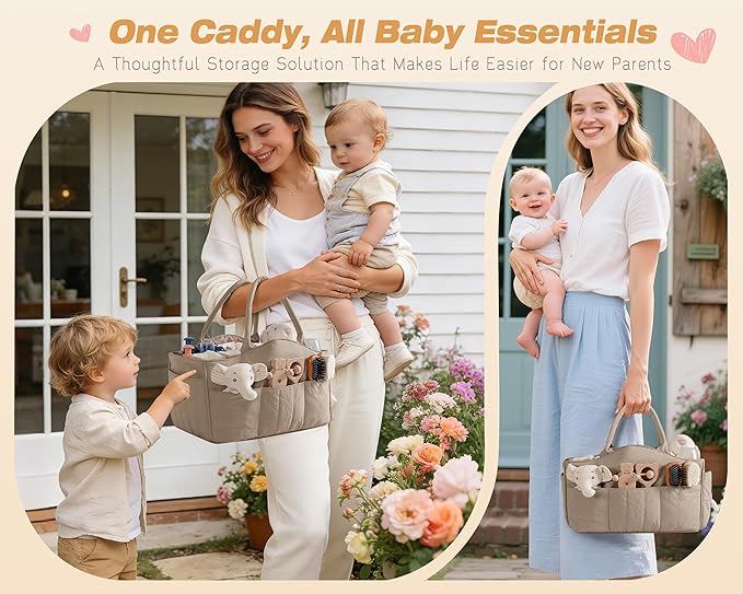 Quilted Baby Diaper Caddy with Detachable Dividers and Wipes Pocket, Lightweight Baby Caddy Organizer with Handles and 8 Pockets for Baby Stuff, Camel