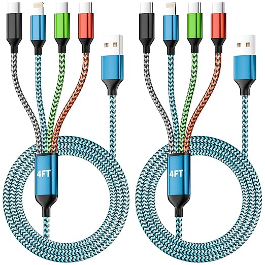 Travel Essentials, Dual Type-C 4 in 1 Multi Charging Cable 2 Pack 5FT Multi Charging Cables for All Devices,Charger Cord Adapter 2USB-C/IP Port for Cell Phones ( Blue&Black,USB A to 3 Type C+1IP )