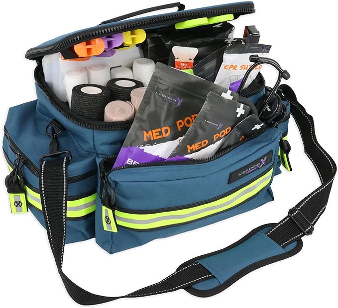Lightning X Products Lightning X Mid-Sized First Responder EMT Bag | LXMB25 Fully Stocked w/ 240+ Aid, EMS & Trauma Supplies - Blue