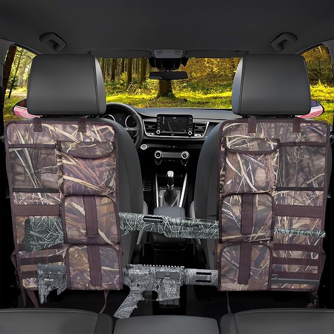 2 Pack Tactical Seat Back Gun Racks, Truck Gun Rack for Hunting Gear, Camo Gun Holder for Car with Molle Panel, Automotive Gun Racks for Hunting Rifles/Shotguns, Hunting Gift for Men
