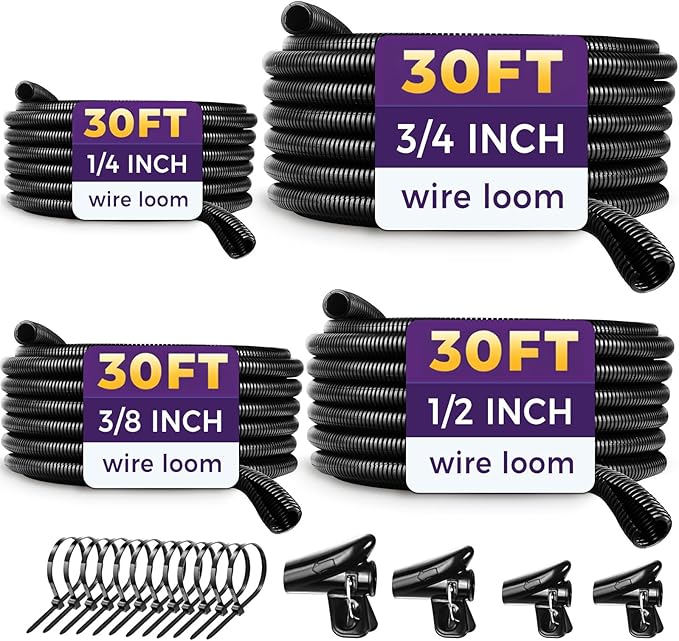 Automotive Wire Loom Flame Retardant Split Wire Loom Tubing Assortment Wiring Loom Kit Plastic Cover Electrical Covering Conduit Protective Wire Wrap Cable Sleeves Black 1/4", 1/2", 3/8", 3/4"x 30 Ft