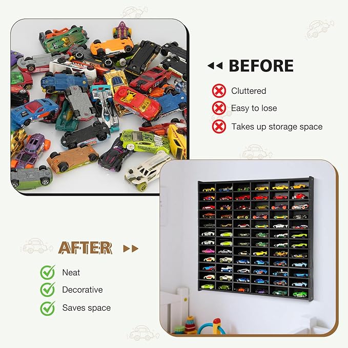 Toy Car Storage Display Case, 72 Slots Model Car Display Shelf for 1/64 Scale Toy Cars, Wall Mount Organizer Rack for Diecast Models (Black)