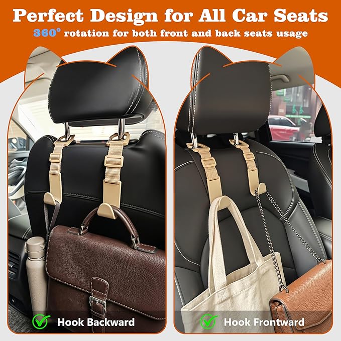 Amooca Car Headrest Hooks 4 Pack Adjustable Universal Fit Auto Seat Back Organizer Storage Hanger Purse Bags Holder with Clip Beige