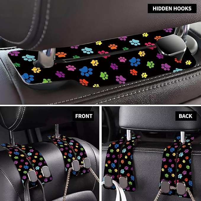 Car Seat Back Storage Headrest Hook, Premium Leather Double Metal Hook, Hanger Storage Organizer for Purse Cloth Bag, Car Interior Accessories Colorful Dog Paws