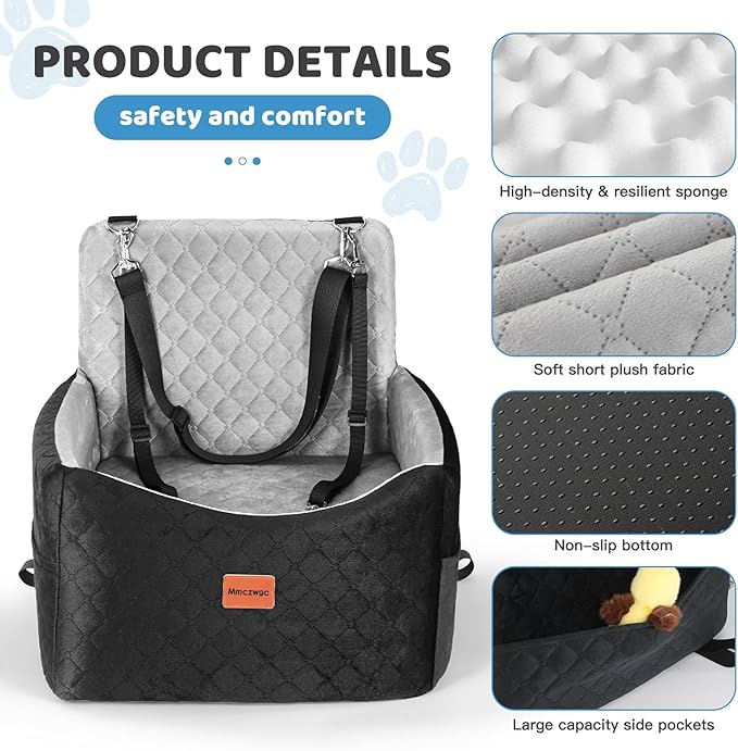 Dog Car Seat for Small Medium Dogs Up to 40 lbs – Dog Booster Seat with 6-Inch Memory Foam, Pet Car Seat with Removable Washable Cover, 3 Safety Belts & 2 Storage Bags (Black/Gray)