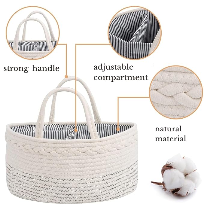 luxury little Diaper Caddy Organizer, Large Cotton Rope Nursery Baby Basket, Changing Table Organizer for Baby Diaper Storage, Portable Car Organizer Removable Divider (Off White, Large)
