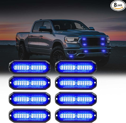 WINECO 8pcs 12 LED Surface Mount Strobe Lights, Firefighter Blue Grill Grille Emergency Warning Flashing Cop Lights Police Light Assemblies for Trucks Vehicles