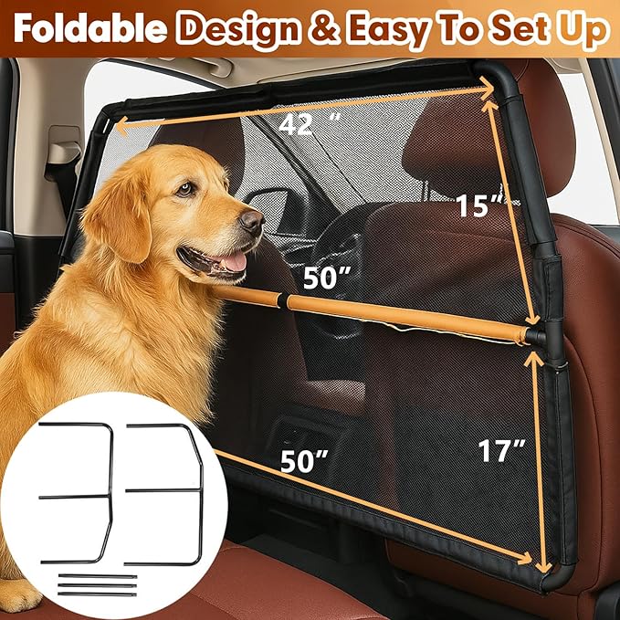 50" Dog Barrier for SUV & Truck, Pet Car Barrier Behind Front Seat – Dog Gate for Cargo Area, Back Seat Divider with See Through Net Mesh for Safety & Travel