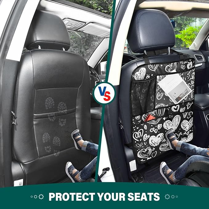 White Dodle Hearts 2 Pack Backseat Car Organizer with Storage Pockets Seat Back Organizers for Kids Kick Mats Backseat Protector Automotive