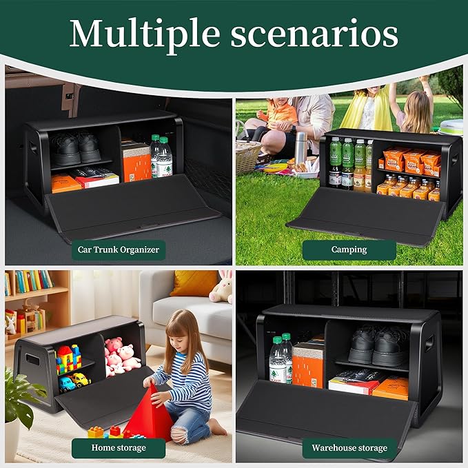 Car Trunk Organizer for SUVs & Sedans,Leather Storage Box,Magnetic Lid,Collapsible and Adjustable,Extra Large,Magnetic Induction Lamp,Black