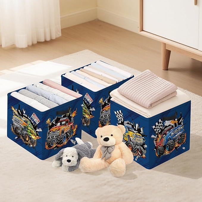 Clastyle 3 pcs Cars Cube Storage Unit Bin with Metal Frame Foldable Kallax Box for Shelves Parents Closet Organizer Basket for Book Clothes Toy Organizer, Off-road Vehicle, 11.8x11.8x11.8 in