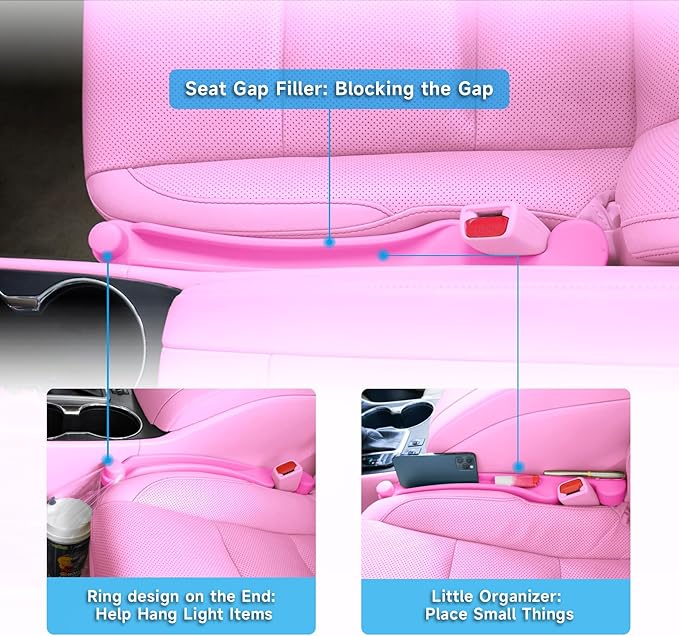 Car Seat Gap Filler Set of 2, Soft Foam Multifunctional Seat Side Gap Filler with Organizer & Hook Function, 3in1 Gap Stopper Universal Fit Car SUV Truck Fill The Gap Between Seat & Console（Pink）