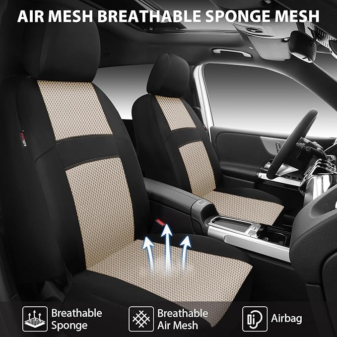 CAR PASS Car Seat Covers Front Seats Only, 3D Air Mesh Car Seat Cover with 5mm Composite Sponge Inside,Airbag Compatible Universal Fit SUV,Vans,sedans, Trucks, Automotive Interior Covers(Black Beige)