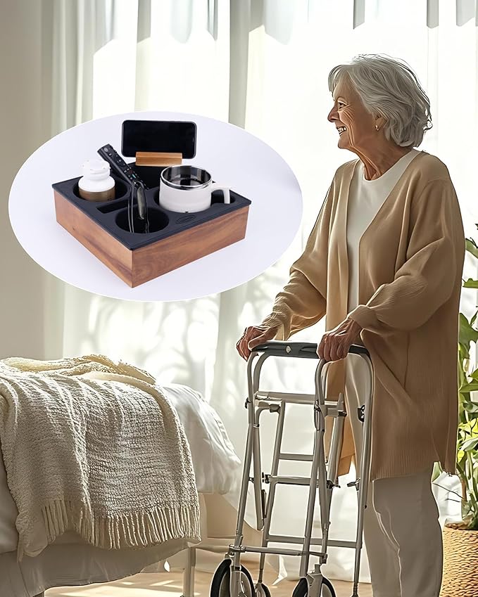 Couch Cup Holder Tray, Soft Food Grade Silicone Acacia Wooden Couch Caddy for Bed Car Seat Beach Organizer, Waterproof Anti-Spill Couch Drink Holder for Snacks Beverage Remote (Black)