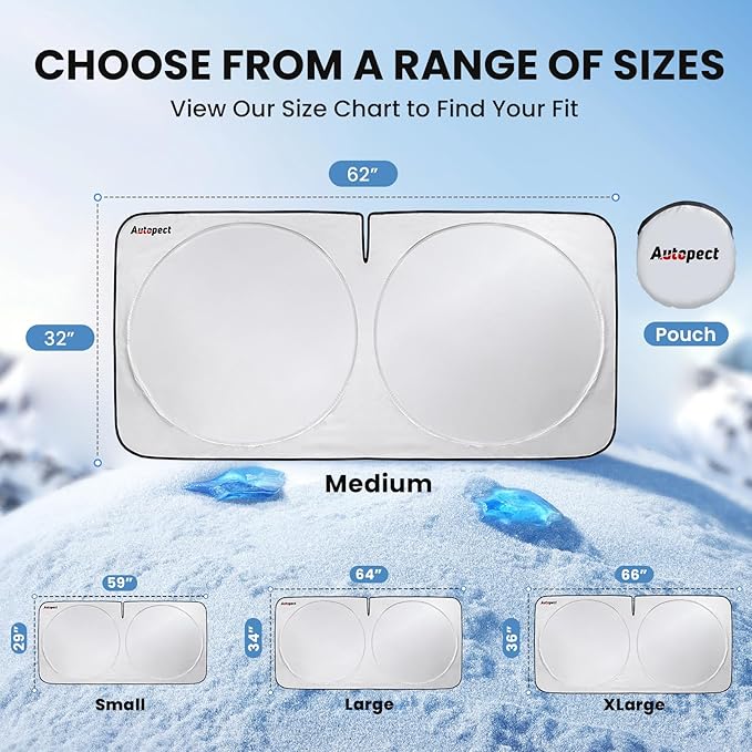 Windshield Sun Shade, Reflective Sunshade for Car Windshield with Mirror Cut-Out, Blocks 99% UV Rays & Keeps Vehicle Cool, Fits Cars, Trucks, SUVs & Vans, Fade-Resistant, (Medium)