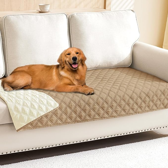 Smiry Waterproof Couch Covers for Dogs Washable, Reversible Pet Couch Covers for 3 Cushion Sofa Pet Friendly, Soft Sofa Furniture Protector for Dogs Cat Kids, Checkered (30"x95", Camel/Beige)
