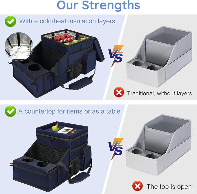 Car Organizer for Front Seat Organizer and Storage, Collapsible Car Caddy, Passenger Seat Organizer with Partitions & Cup Holders, Car Organization for kids and Adults (Blue)