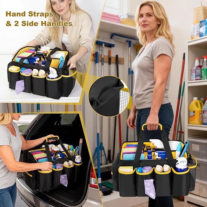 Extra-Large Cleaning Caddy Organizer with Handle, Cleaning Supplies Tote Bag Built-in Support Boards, Cleaning Tool Organizer for Cleaners, Housekeepers, Kitchen Cleaning Supplies