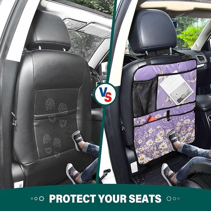 Purple Daisy Flowers and Flying Birds 2 Pack Backseat Car Organizer with Storage Pockets Seat Back Organizers for Kids Kick Mats Backseat Protector Automotive