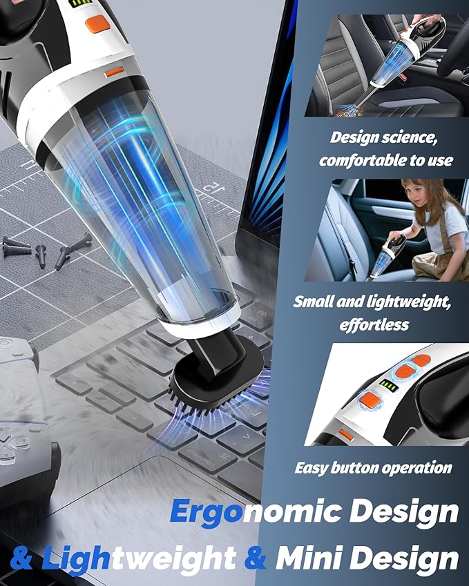 Handheld Vacuum Cordless, Car Vacuum Cleaner with Powerful Suction, 2 Modes Mini Hand Vacuum, Dry & Wet, LED Light, Portable Vacuum for Car Pet Hair, Home, Office, Keyboards Black Orange