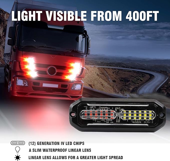 WINECO 8PCS LED Strobe Lights 12V Sync Feature Red White 12LED Emergency Hazard Warning Lights with Strobe Controller for Trucks Vehicles ATV RV Cars Van