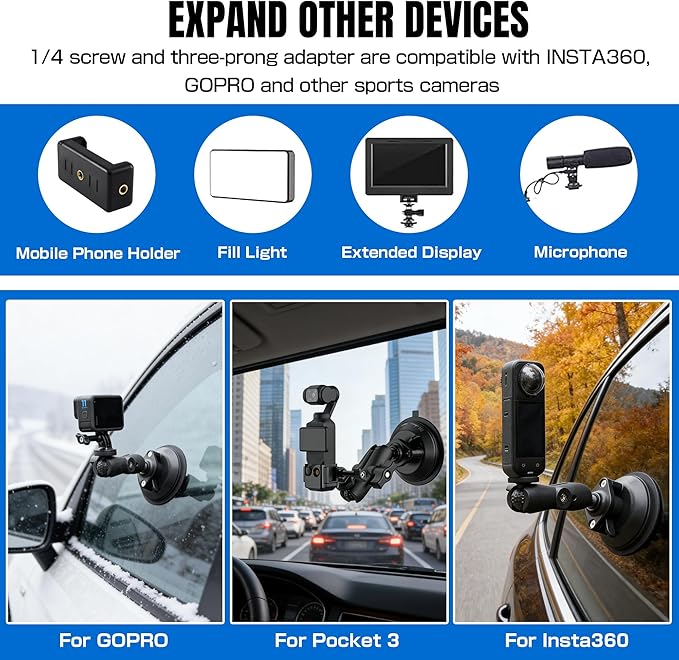 Suction Cup Mount for DJI Osmo Pocket 3, Heavy-Duty Car Windshield Window Dashboard Holder for Insta360 X5 X4 X3 with Expansion Adapter for GoPro 13/12/11/10/9/8/7