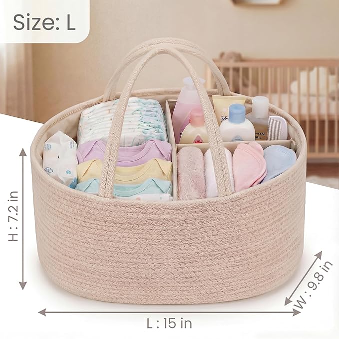 luxury little Diaper Caddy Organizer, Large Cotton Rope Nursery Baby Basket, Changing Table Organizer for Baby Diaper Storage, Portable Car Organizer Removable Divider (Oatmeal, Large)