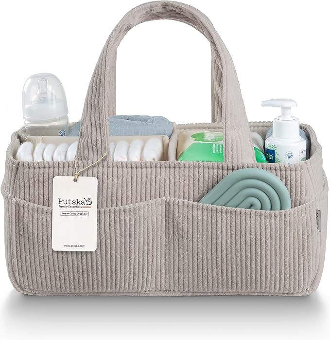 PUTSKA Baby Diaper Caddy Organizer for Changing Table – Stylish Nursery Storage Basket, Newborn Essentials, Baby Shower Gifts and Registry Must-Haves for Boy or Girl, Car Diaper Caddy, Corduroy Grey
