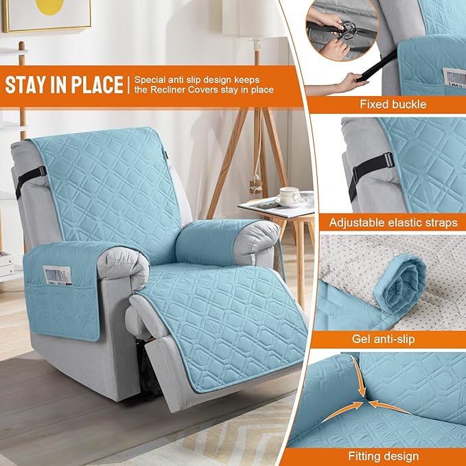VANSOFY 100% Waterproof Recliner Chair Covers, Recliner Cover Non-Slip Dog Chair Cover Furniture Protector Washable Slipcover with Pocket, Elastic Straps for Pets, Dogs(Azuree, 22")