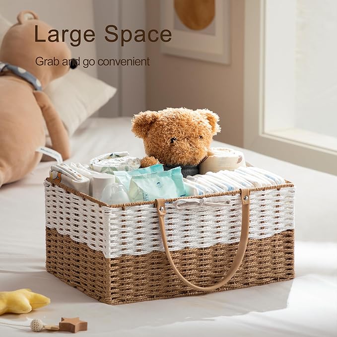HBlife Baby Diaper Caddy Organizer, Paper Rope Storage Baskets Nursery Bin with Removable Divider, Portable Car Organizer for Diapers, Baby Shower Gifts, Newborn Essentials Must Haves