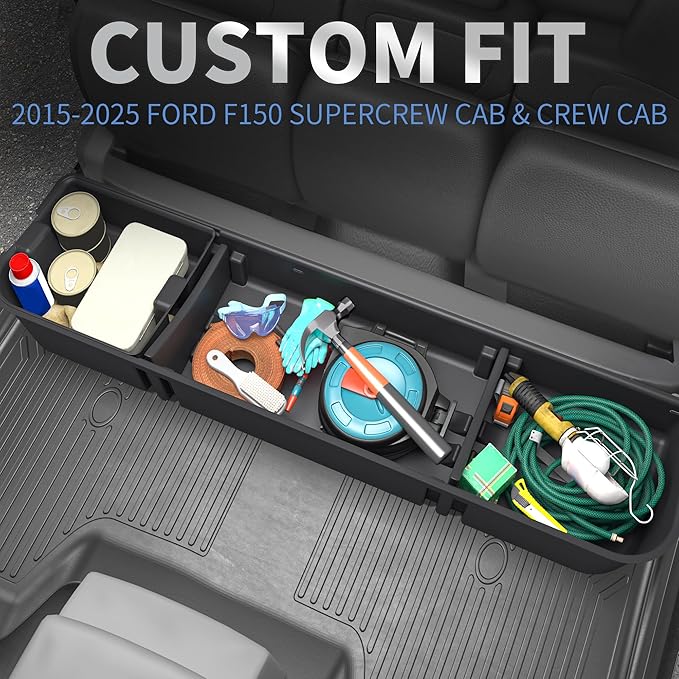 oEdRo Under Seat Storage Fit for 2015-2025 Ford F-150 F150 SuperCrew/Crew Cab, 2017-2024 F-250/F-350/F-450/F-550 Super Duty, Upgraded Rear 3-in-1 Truck Organizer Underseat Storage Box