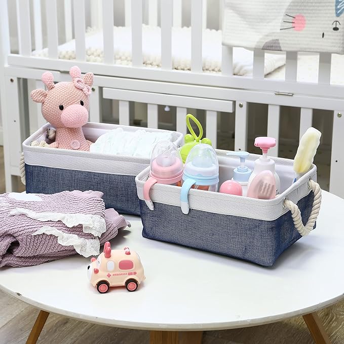 Sea Team 3-Pack Small Storage Basket Set, Storage Cube Organizer, Storage Bins, 12 x 8 x 5 Inches, Rectangle Canvas Fabric Collapsible Shelf Box with Handles for Kids Room (Denim/White)