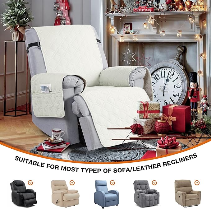 VANSOFY 100% Waterproof Recliner Chair Covers, Recliner Cover Non-Slip Dog Chair Cover Furniture Protector Washable Slipcover with Pocket, Elastic Straps for Pets, Dogs(Off White, 20")