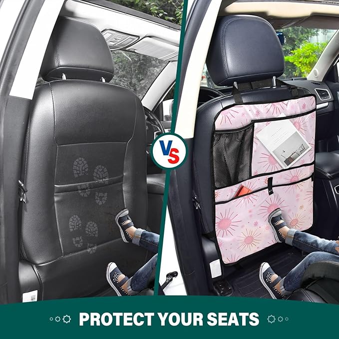 JIPONI Car Backseat Organizer, Pink Suns Automotive Back Seat Protector, Kick Mats with Storage Pockets for Kids Pets, Road Trip Accessories