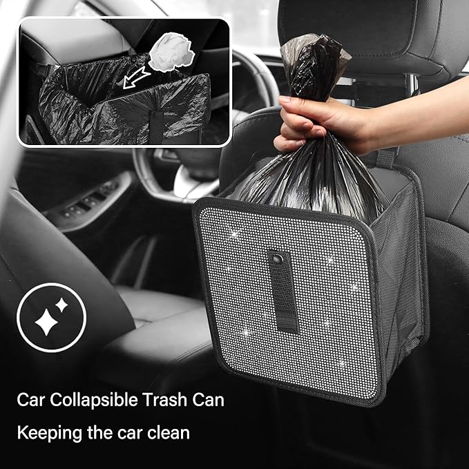 Foldable Car Trash Cans with Rhinestone,Bling Car Trash Bin for Car Seat Organizer & Car Decorations,Universal Bling Car Accessories Car Garbage Can for Most Cars,SUVs,Trucks (White)