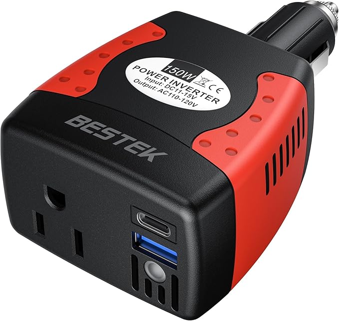 BESTEK 150W Power Inverter 12V to 110V Voltage Converter Car Charger Power Adapter with PD30W QC18W Dual USB Charging Ports