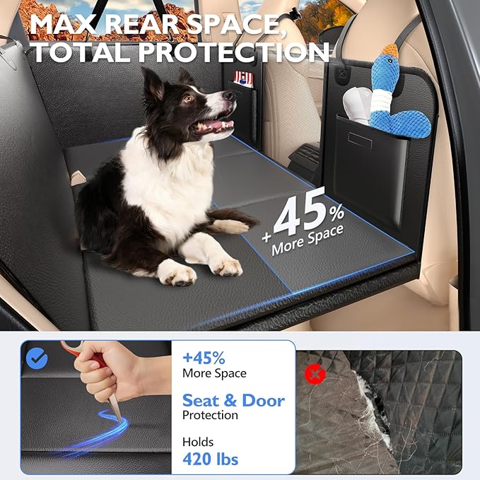 Back Seat Extender for Dogs-Large Space, Upgraded Egg Crate Foam Soft Dog Car Seat Cover Holds 420lbs, Sturdy Backseat Extender, Waterproof Pet Car Bed Dog Hammock for Car, SUV, Truck