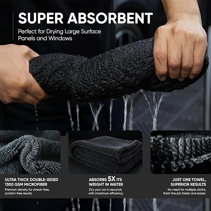 Papa Dragon Extra Large Car Drying Towel | 1300 GSM 25"x34" | Super Absorbent Microfiber Towel for Cars, Streak-Free, Scratch-Free Detailing Towel for Cars, Truck, SUV - 1 Pack