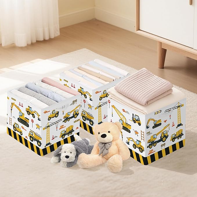 Clastyle 3 pcs Cars Cube Storage Unit Bin with Metal Frame Foldable Kallax Box for Shelves Parents Closet Organizer Basket for Book Clothes Toy Organizer, Yellow Vehicle, 11.8x11.8x11.8 in