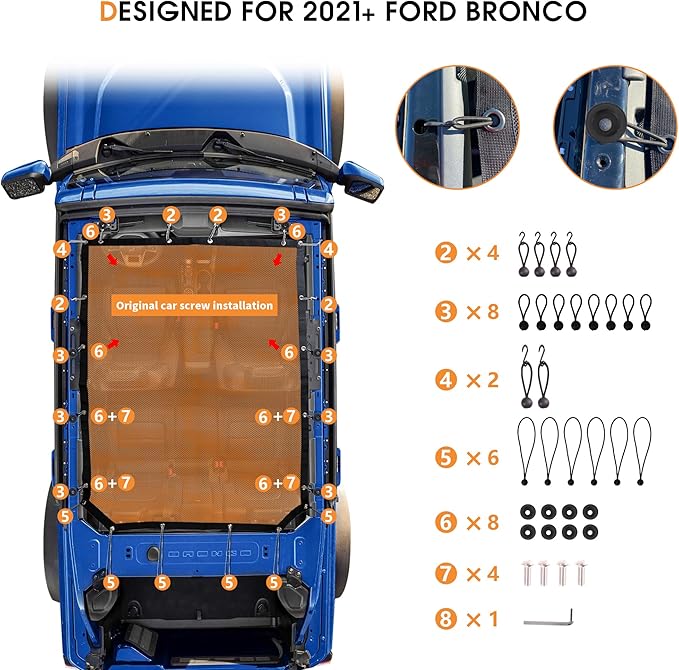sukemichi Sunshade for Ford Bronco,Mesh Sun Shade Bikini Top Cover Bimini Top for Ford Bronco Accessories 2021 2022 2023 2024 2025 2026 4 Door - Blocks UV, Wind, Noise(Orange)