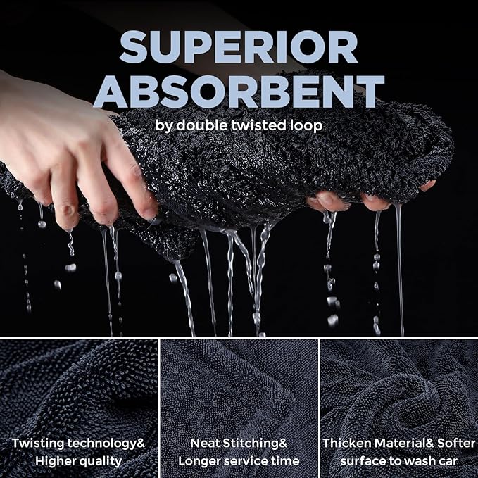 2-Pack 1200GSM Microfiber Car Drying Towels, Extra Large Twisted-Loop Absorbent Drying Towel for Cars and Trucks, Without Streaks, Scratches, or Water Spots (35"x 24")