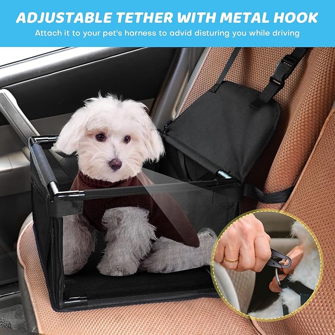 GENORTH Dog Car Seats for Small and Medium Dogs,Portable Puppy/Pet Car Booster Seat with Clip-On Leash and Mesh Window for Pet Up to 20 lbs