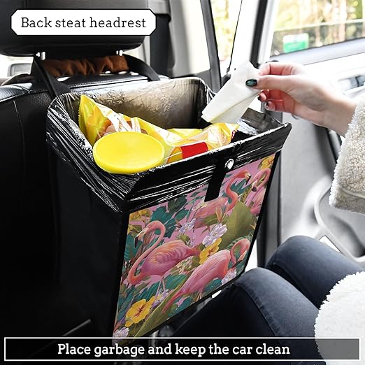 Car Trash Can Organizer Bin with Adjustable Strap for Back Front Seat Console Waterproof Leakproof Collapsible Portable 8.66 Inch Pink Romantic Tropical Flamingo and Plants