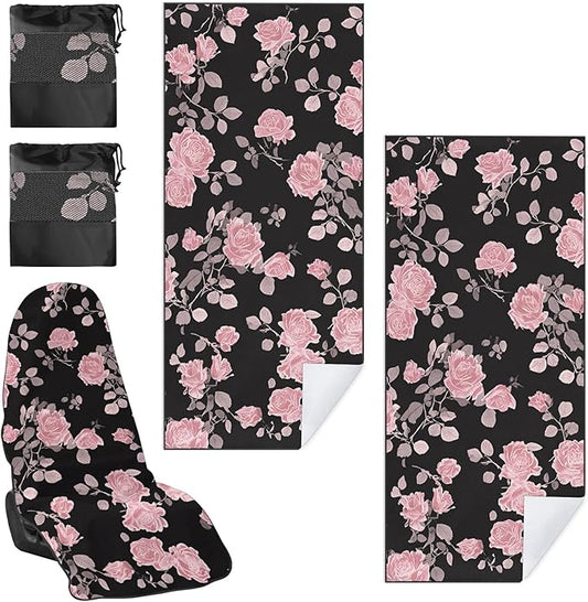 1 Pack Car Towel Seat Covers with Storage Bag, Multifunctional Towel for Gym Outdoor Sport, Picnic, Beach, Pet Dog Travel,Non-Slip Washable Car Seat Protector (Pink Flower)