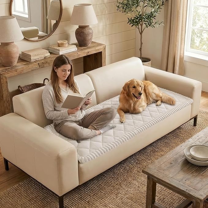 Smiry Fuzzy Couch Cover for Dogs, Non Slip Washable Pet Sofa Cover, Scratch Proof Hair Resistant Plush Sofa Slipcover, Pet Friendly Couch Cushion Protector for Cat, White, 27.6" x 82.7"